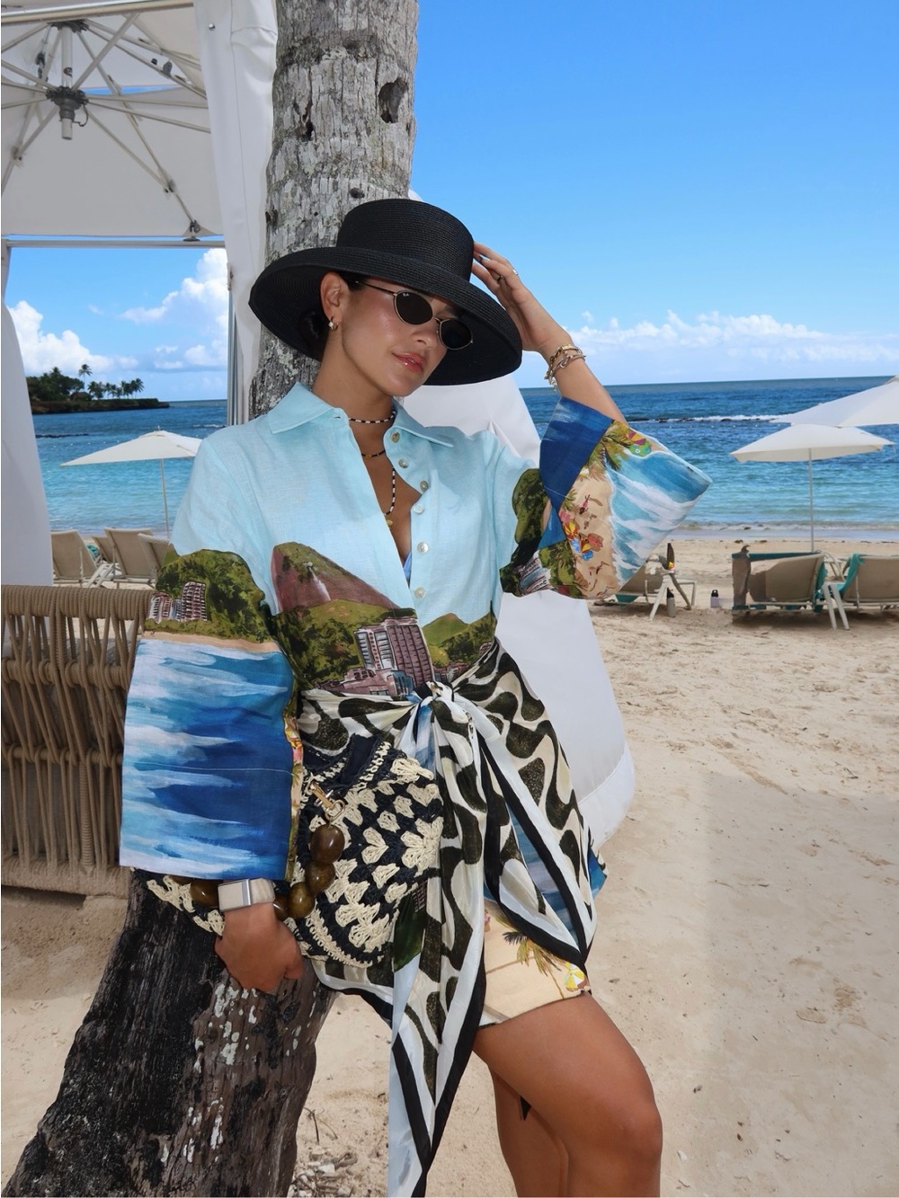FARM Rio Multicolor Handkerchief Tie Waist Long Sleeve Coastal Tropic Mini Dress